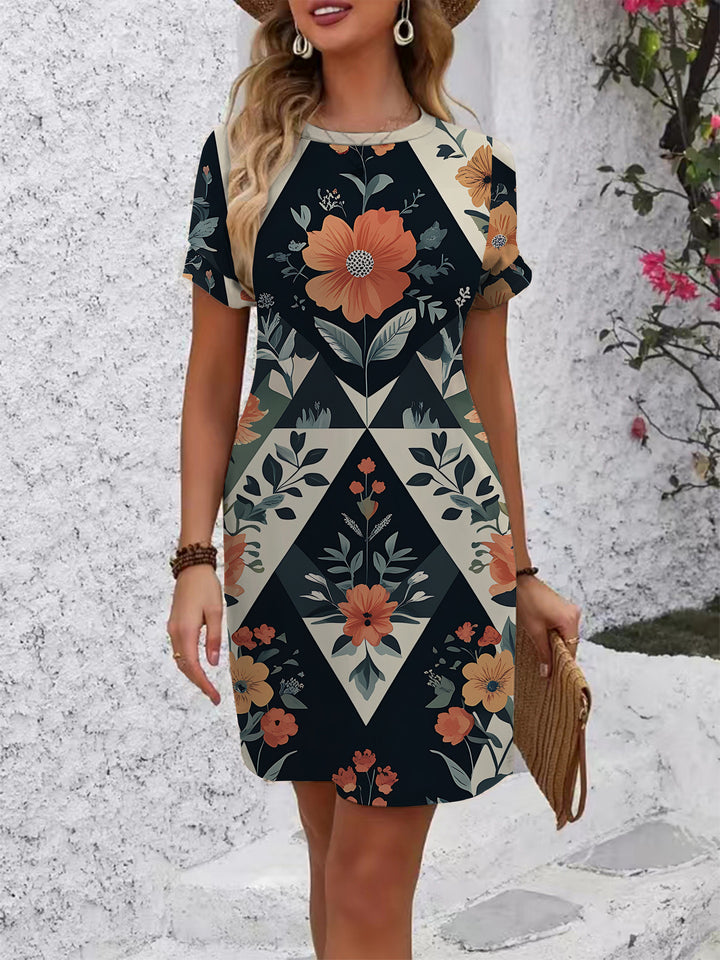 Damen lässiges Kurzarmkleid mit modernem Hahnentrittmuster und bequemer Passform Drune