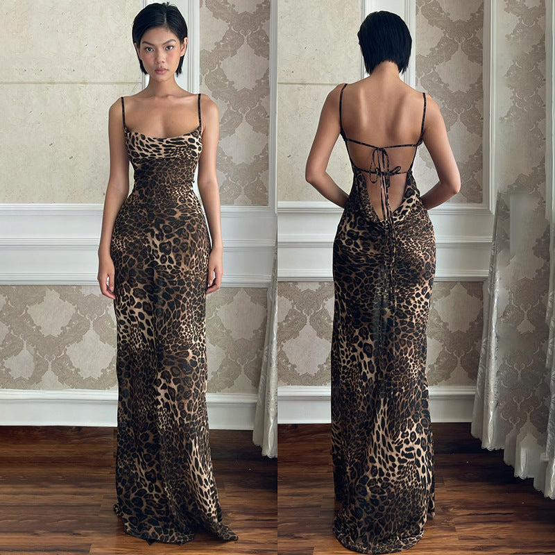 Damen Maxikleid mit elegantem Leopardenprint und offenem Rückenteil Drune