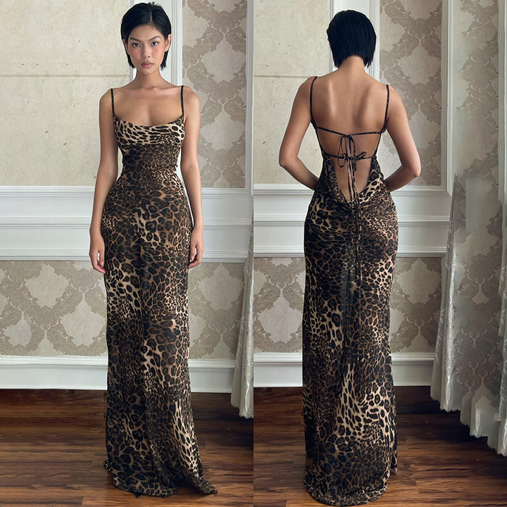 Damen Maxikleid mit elegantem Leopardenprint und offenem Rückenteil Drune