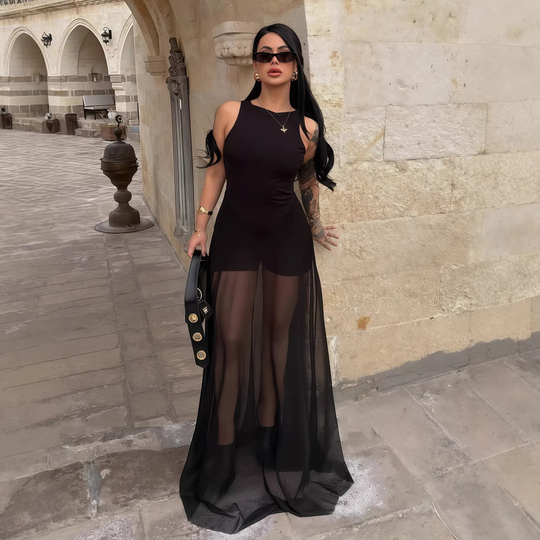 Damen Elegantes Maxi-Kleid mit transparentem Chiffon-Überwurf und figurbetontem Inneren Drune