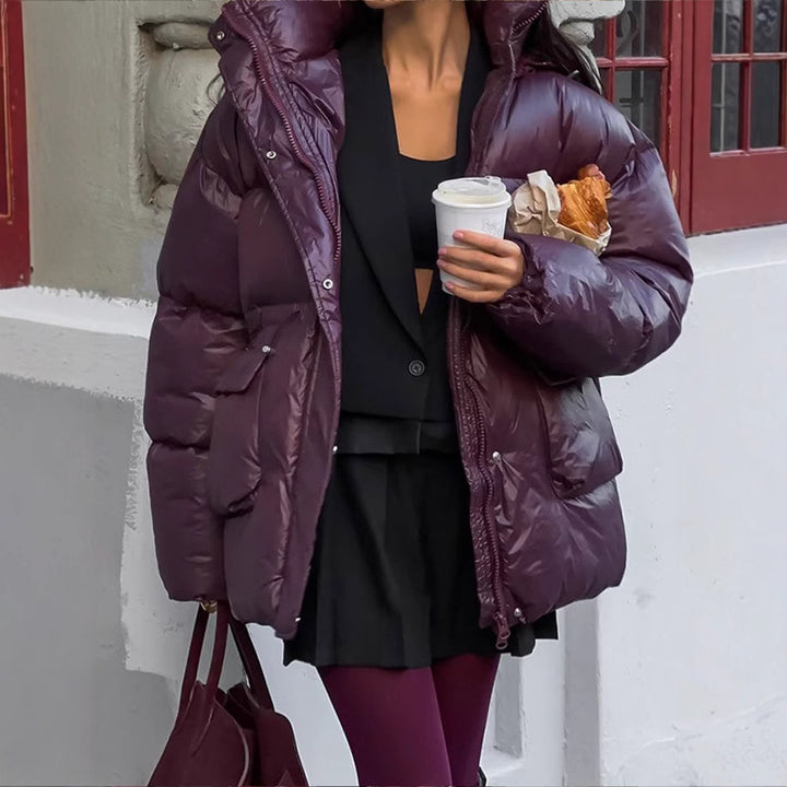 Damen Oversized Daunenjacke mit sichtbarem Steppdesign und hohem Kragen Drune