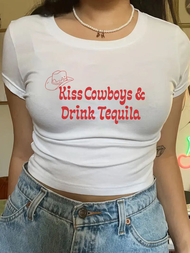 Damen Crop-T-Shirt mit kreativem Motiv und figurbetontem Schnitt Drune