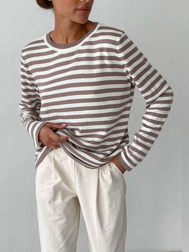 Damen lässiger Strickpullover mit gestreiftem Muster und weitem Schnitt Drune