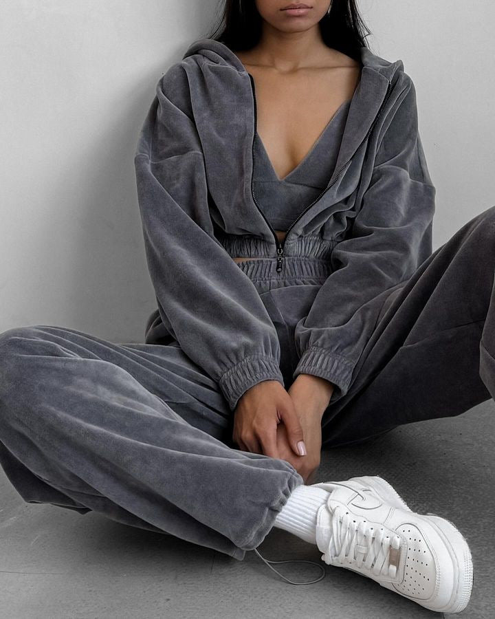 Damen nan Samt-Loungewear-Zweiteiler mit kurzem Frontzip, elastischem Komfortbund und weitem Hosenbein Drune