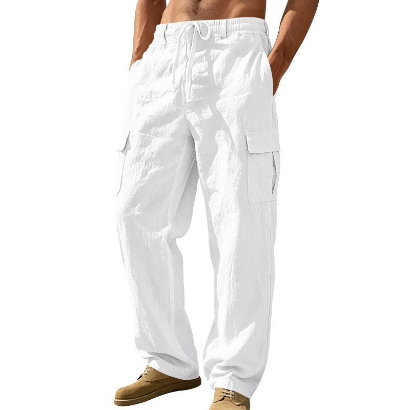 Herren nan entspannt geschnittene Strand-Cargohose aus Leinenblend mit elastischem Tunnelzug und zweifacher Klapptasche Drune