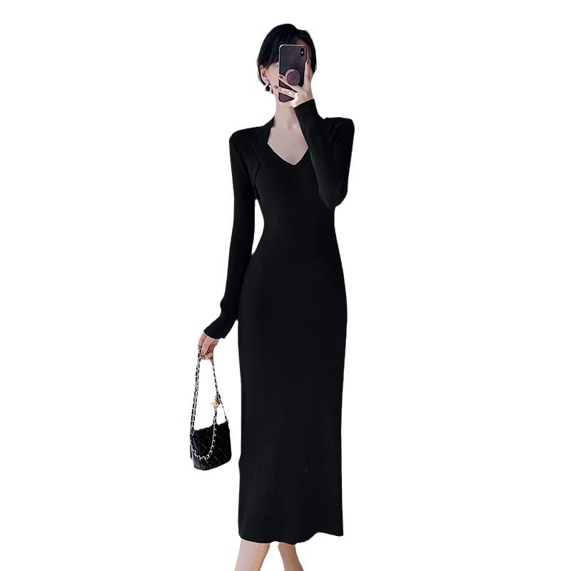 Damen langärmliges Kleid mit V-Ausschnitt und seitlichem Schlitz Drune