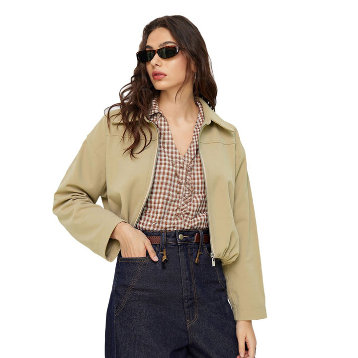 Damen lässige Kurzjacke mit elastischen Bündchen und modischem Reißverschluss Drune