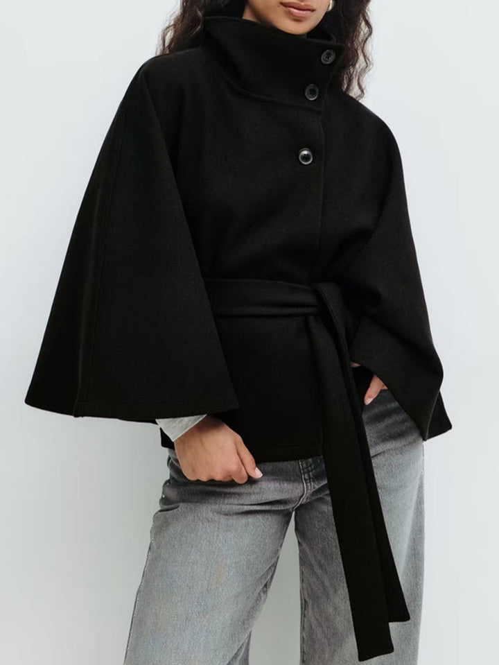 Damen stylische Umhangjacke mit hohem Kragen und Gürtel Drune