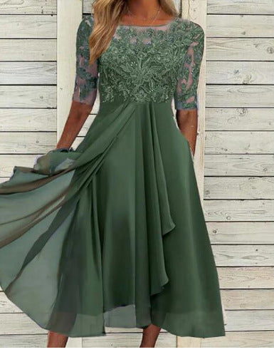 Damen Elegantes Midikleid mit Spitzenärmeln und schwingendem Rock Drune