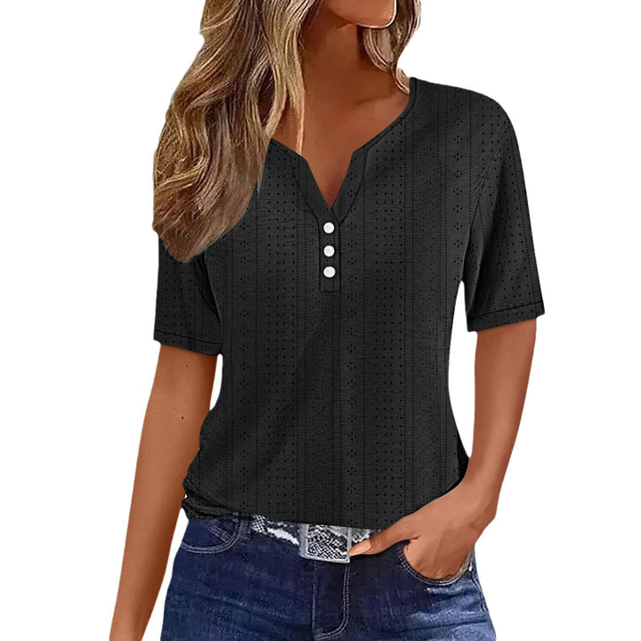 Damen kurzärmeliges T-Shirt mit Knopfdetails und eingewebtem Muster Drune