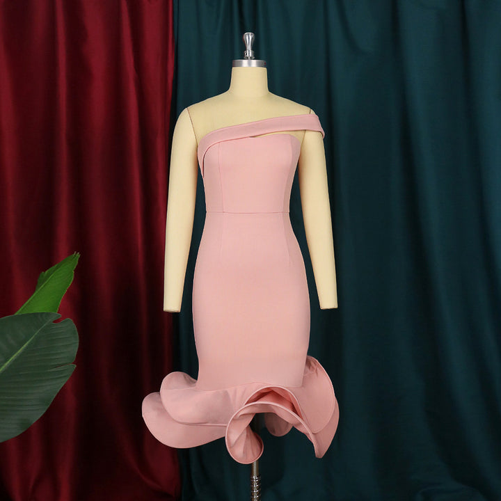 Damen elegantes Cocktailkleid mit asymmetrischem Ausschnitt und voluminösem Saum Drune