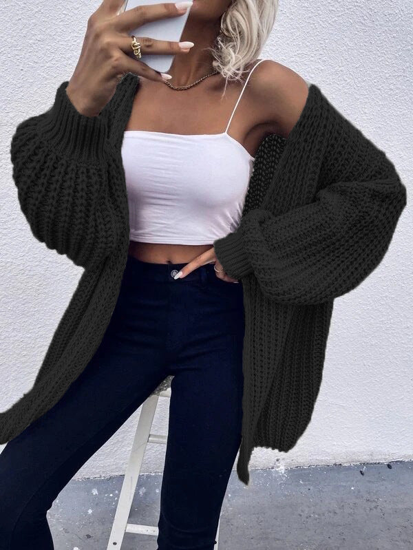 Damen Offener Strickcardigan mit voluminösen Ärmeln und strukturierter Textur Drune