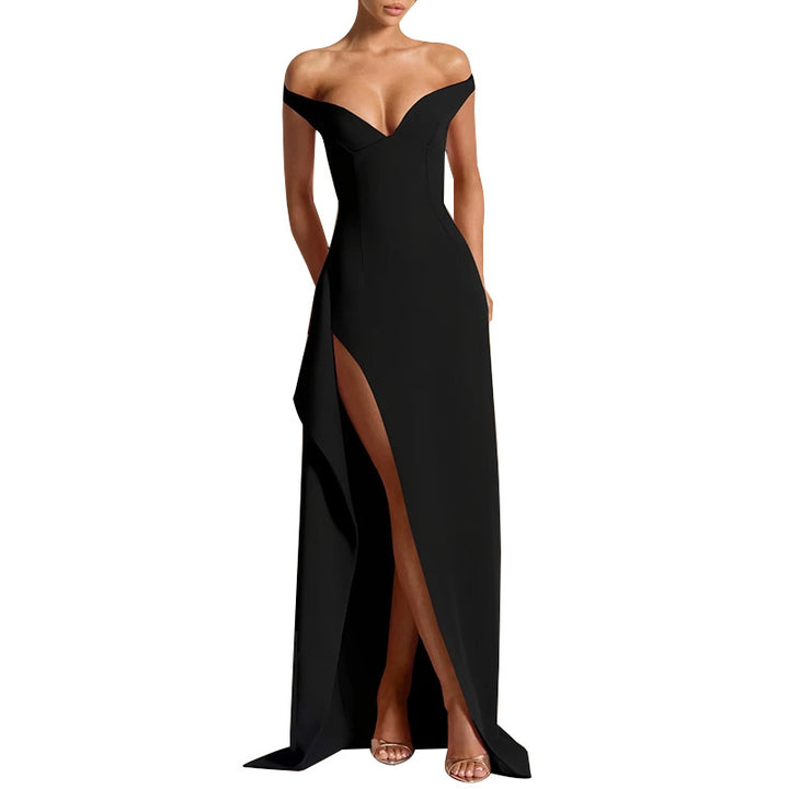 Damen elegantes schulterfreies Abendkleid mit hoher Schlitze und V-Ausschnitt Drune