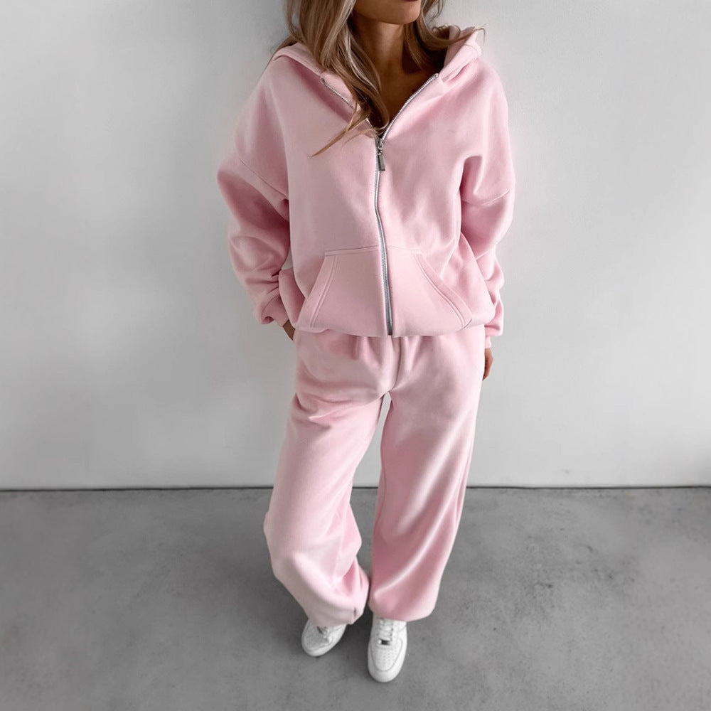 Damen lässiger Fleece-Jogginganzug mit hohem Kragen und weitem Schnitt Drune