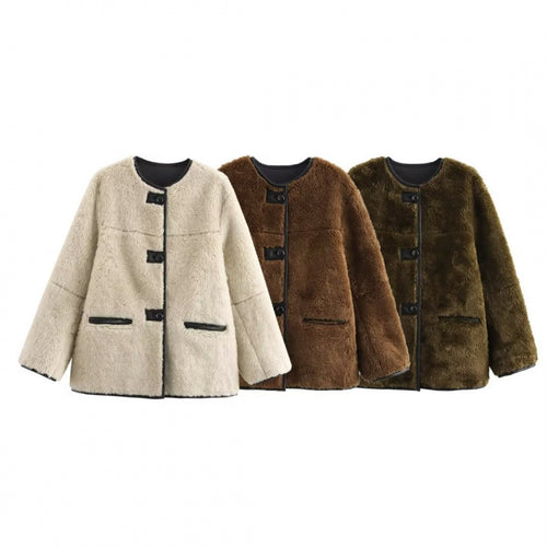 Damen Teddyjacke mit kontrastierenden Taschen und Knopfdetails Drune