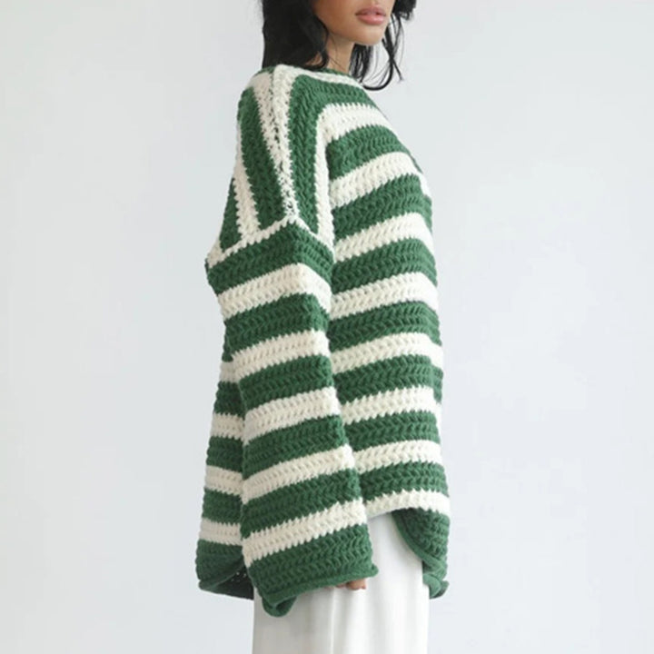 Damen gemütlicher Grobstrickpullover mit modernem Streifenmuster und lässigem Schnitt Drune