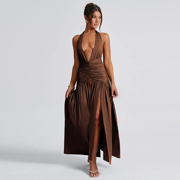 Damen Elegantes Maxikleid mit tiefem V-Ausschnitt und dekorativen Rüschendetails Drune