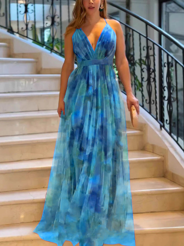 Damen Elegantes Maxikleid mit schwingendem Rock und raffiniertem V-Ausschnitt Drune