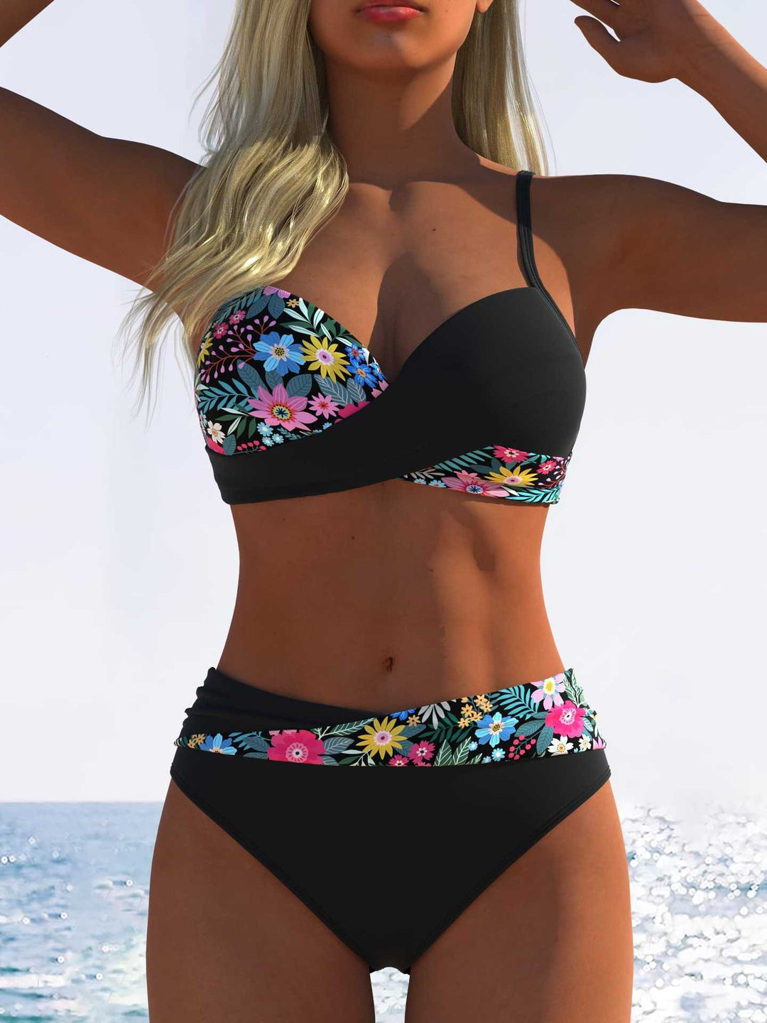 Damen Bikini-Set mit floralem Wickelmuster und bequemen High-Waist-Höschen Drune