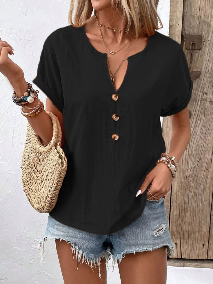 Damen Kurzarm Bluse mit Knopfleiste und lässigem Schnitt Drune