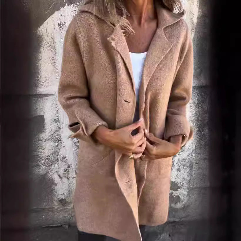 Damen nan Oversize Wollmix-Mantel mit Reverskragen aufgesetzten Taschen geknöpfter Front und umgeschlagenen Ärmeln Drune