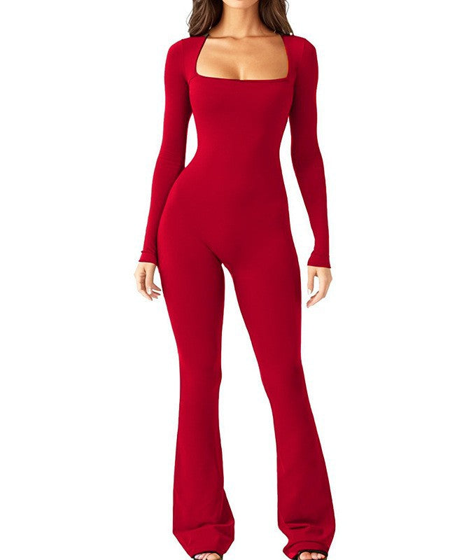 Damen nan figurbetonter Langarm-Jumpsuit mit quadratischem Ausschnitt und ausgestellter Schlaghose Drune