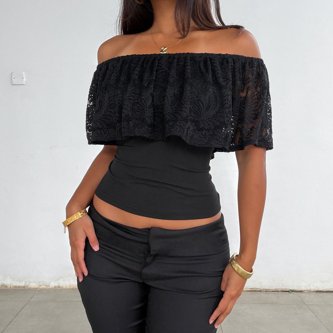 Damen Off-Shoulder Spitze Oberteil Drune