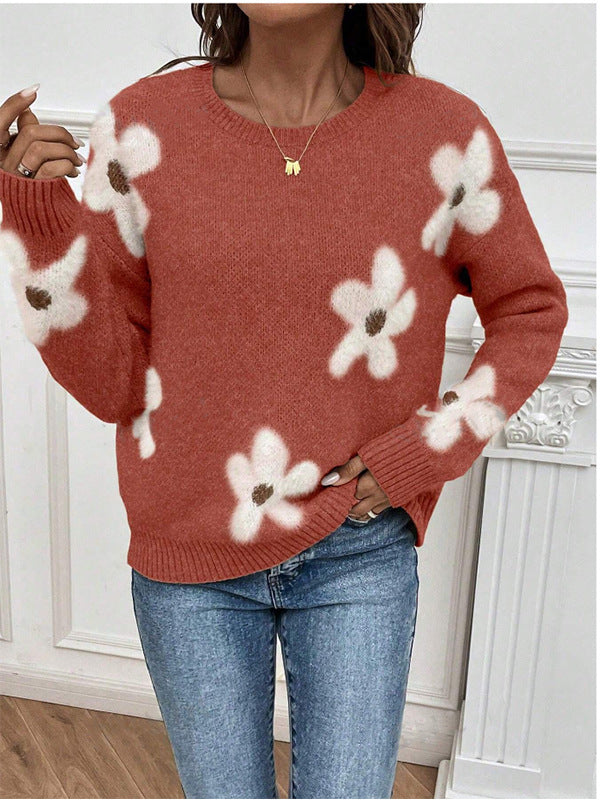 Damen Strickpullover mit floralem Design und modernem V-Ausschnitt Drune