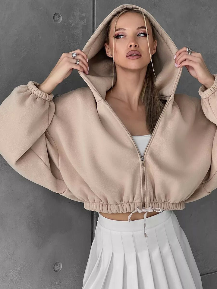 Damen nan kurzes Oversize-Kapuzensweatshirt mit Halbzip und Kordelzugbund Drune