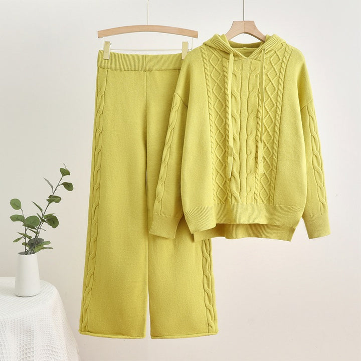 Damen lässiges Strick-Loungewear-Set mit Kapuze und breiten Beinen Drune