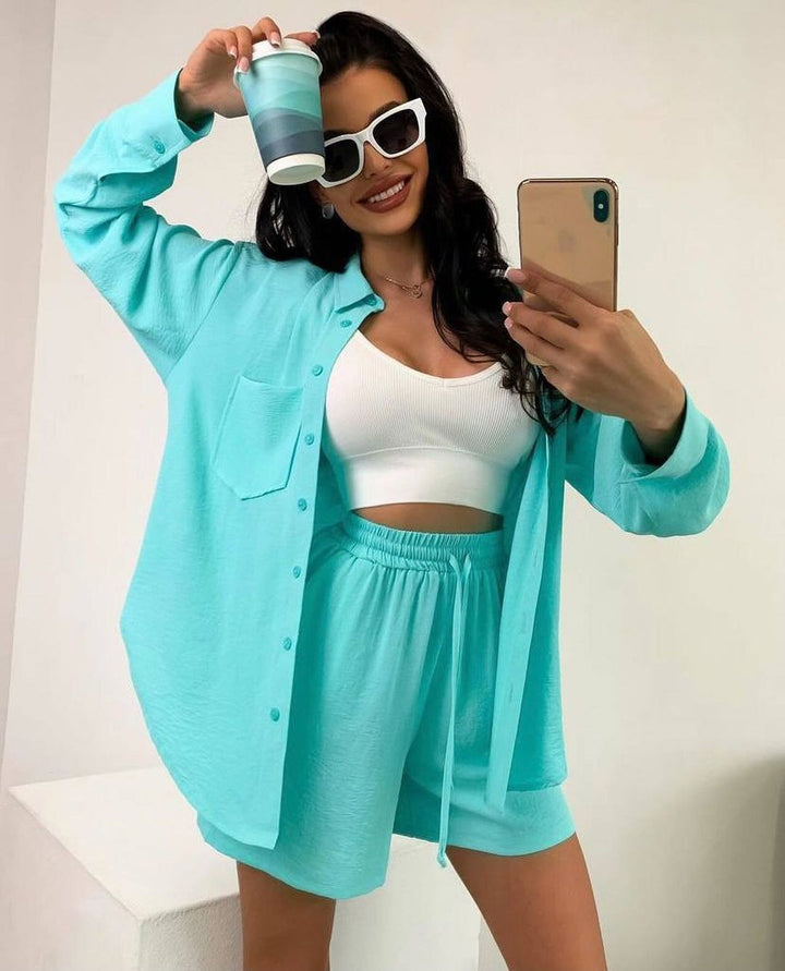 Damen Lässiges Sommer-Set mit leichter Blusenjacke und bequemen Shorts Drune