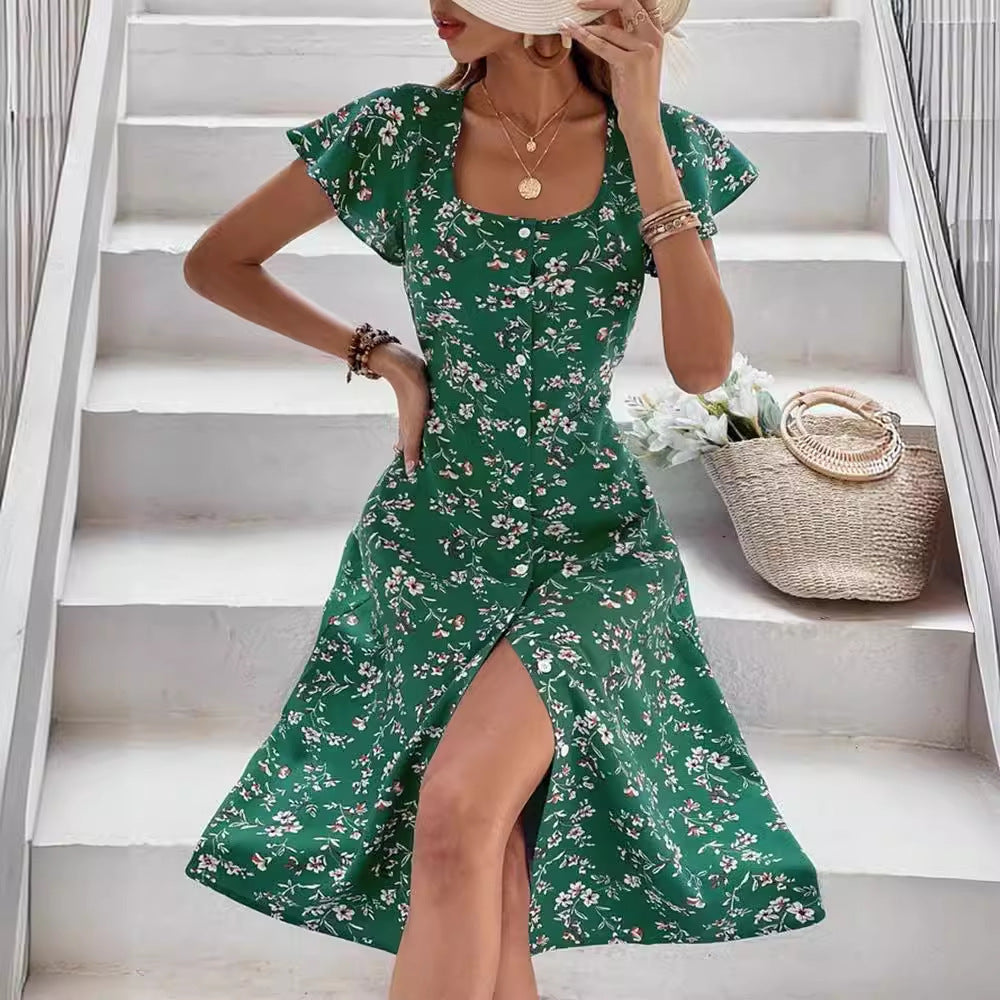 Damen Midi Kleid mit floralen Mustern und Knopfleiste Drune