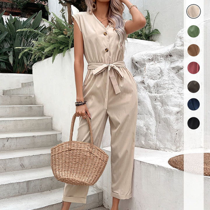 Damen lässiger Jumpsuit mit taillierbarem Gürtel und Knopfverschluss Drune