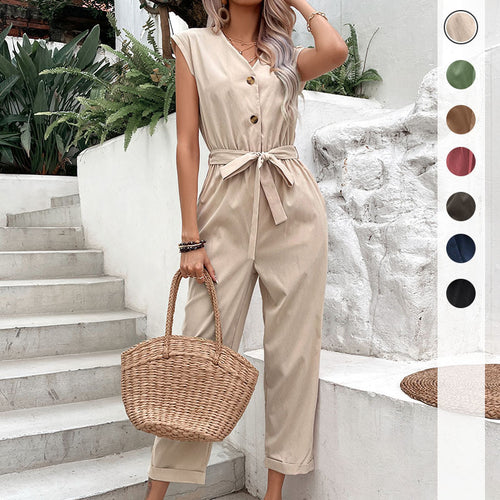 Damen lässiger Jumpsuit mit taillierbarem Gürtel und Knopfverschluss Drune
