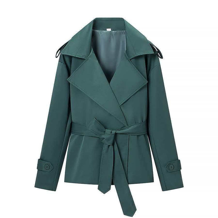 Damen nan kurzer taillierter Trenchcoat mit Bindegürtel, großem Revers und Manschettenriegel Drune