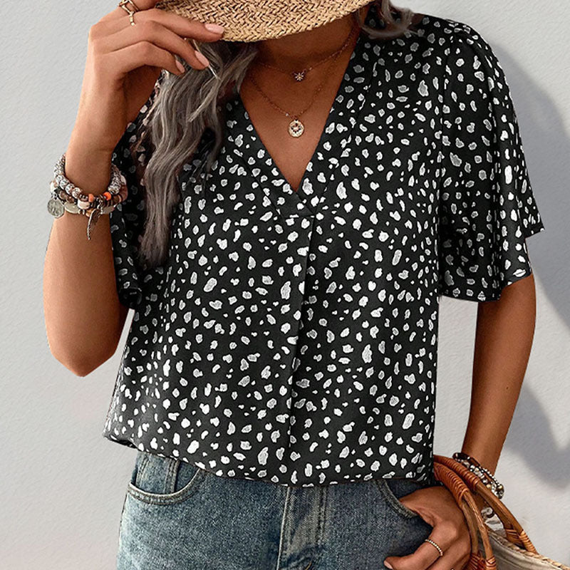 Damen V-Ausschnitt T-Shirt mit Leopardenmuster und fließendem Schnitt Drune