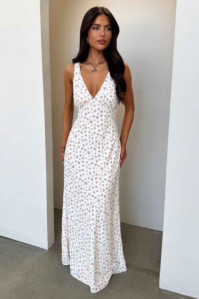 Damen Maxikleid mit V-Ausschnitt und Verspieltem Blumenmuster Drune