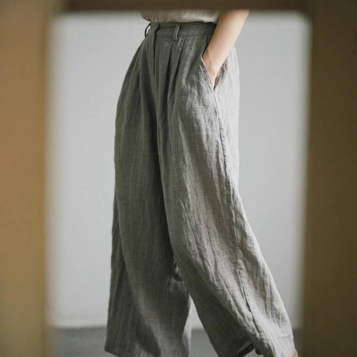 Damen weite Leinenhose mit eleganter Bundfalte und Taschen Drune