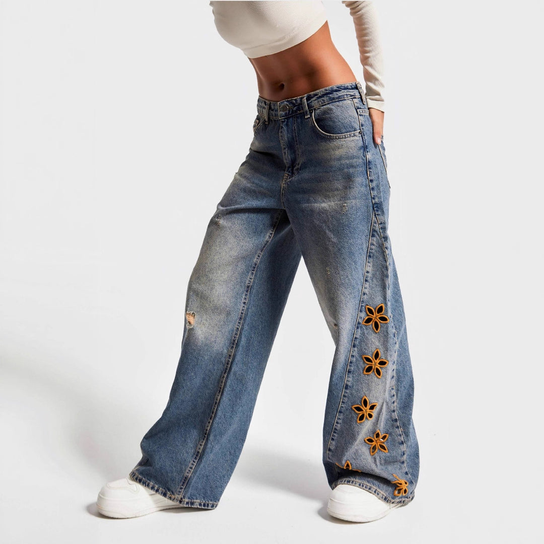 Damen weite Jeans mit floralem Stickdesign Drune