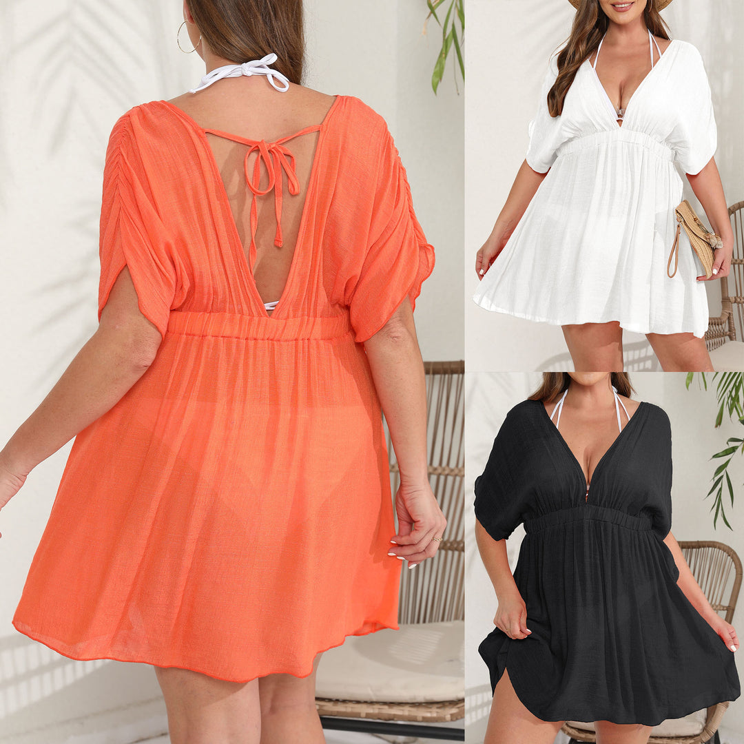 Damen eleganter Strandkaftan mit tiefem V-Ausschnitt und weit geschnittenen Ärmeln Drune