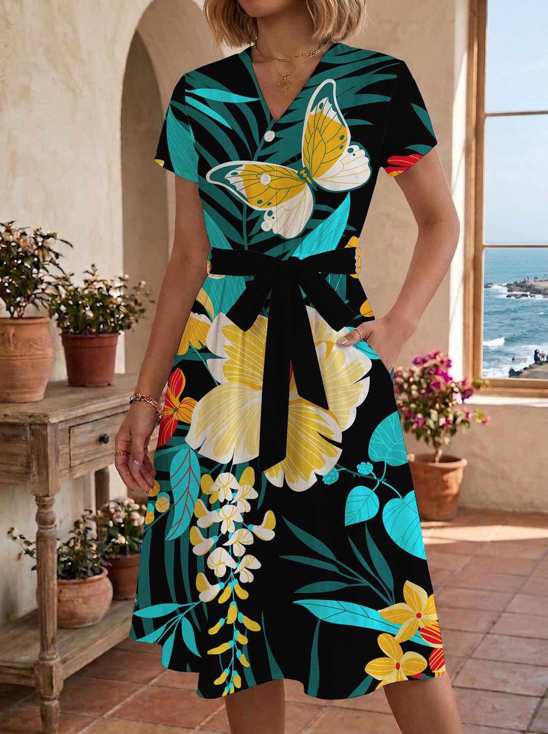 Damen Midikleid mit floralem Motiv und Taillengürtel Drune