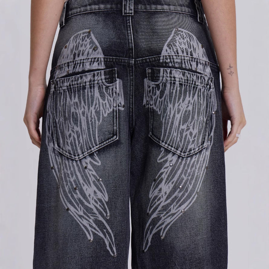 Damen weite Jeans mit kunstvollem Flügel-Design und einzigartigen Details Drune