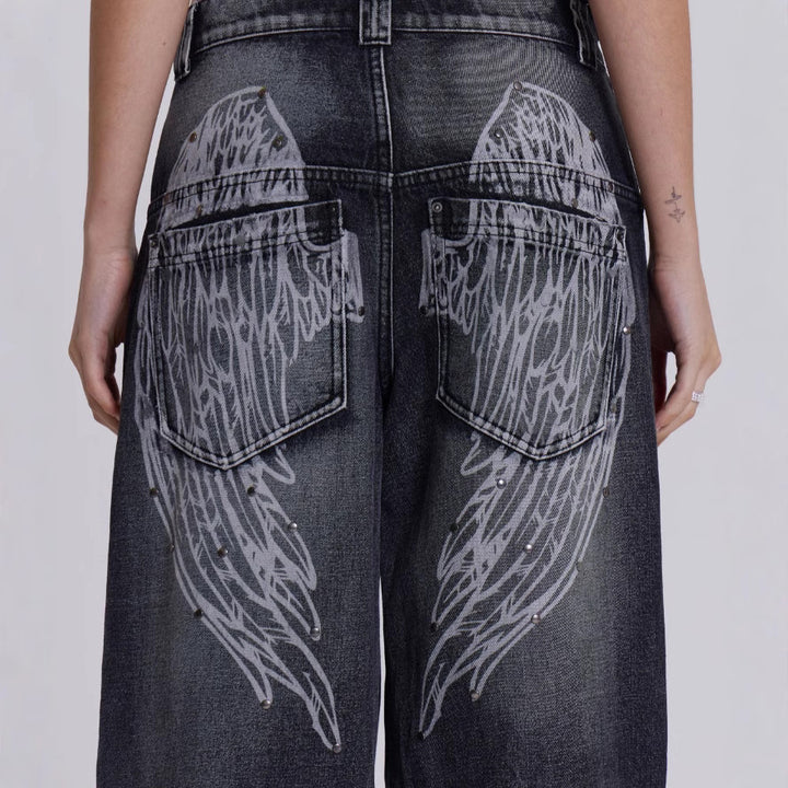 Damen weite Jeans mit kunstvollem Flügel-Design und einzigartigen Details Drune