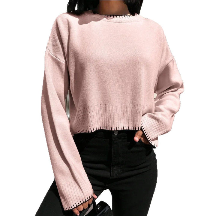 Damen cropped Strickpullover mit breitem Bund und dekorativem Detail Drune