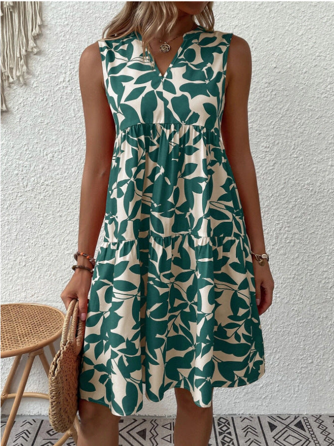 Damen luftiges ärmelloses Sommerkleid mit floralen Mustern und weitem Schnitt Drune