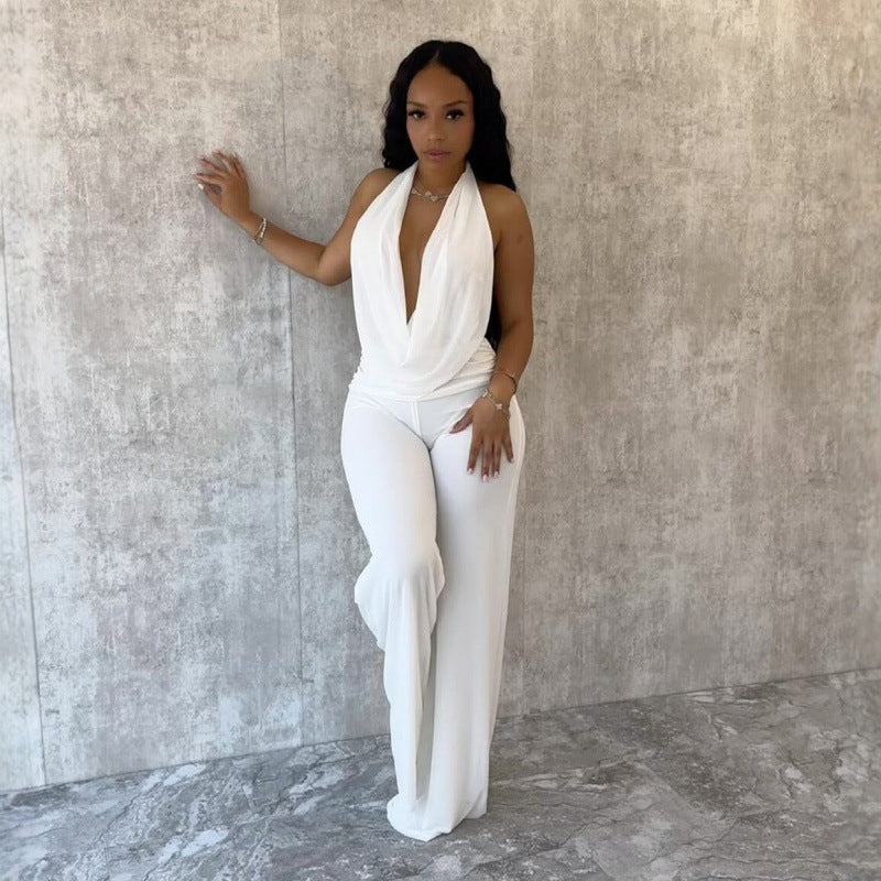 Damen Eleganter Deep-V Jumpsuit mit geschwungenem Rücken und weit geschnittenen Beinen Drune