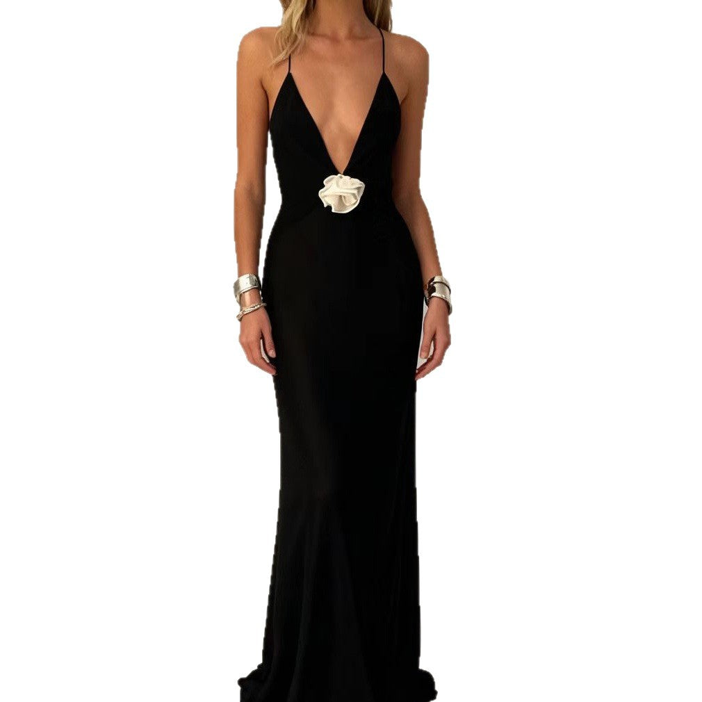 Damen Elegantes Langärmliges Kleid mit tiefem V-Ausschnitt und Blumenapplikation Drune