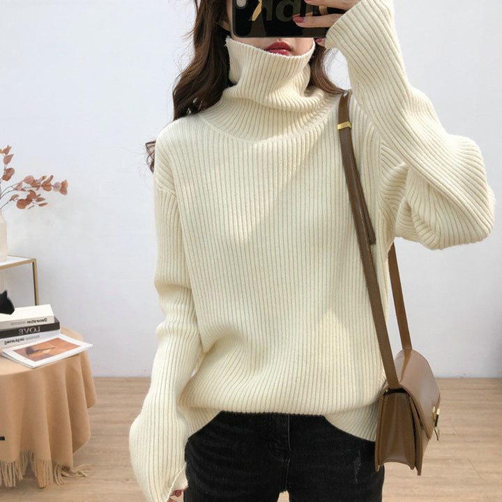 Damen warmer Rollkragenpullover mit feinem Rippstrick Drune