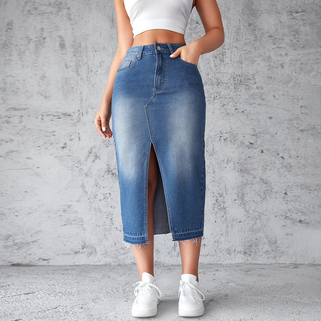 Damen Denim-Midirock mit hohem Schlitz und fransigem Saum Drune
