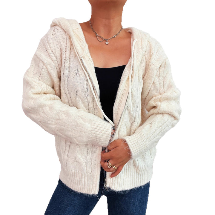 Damen gestreifter Grobstrick-Zip-Hoodie mit Kapuze und weichem Material Drune